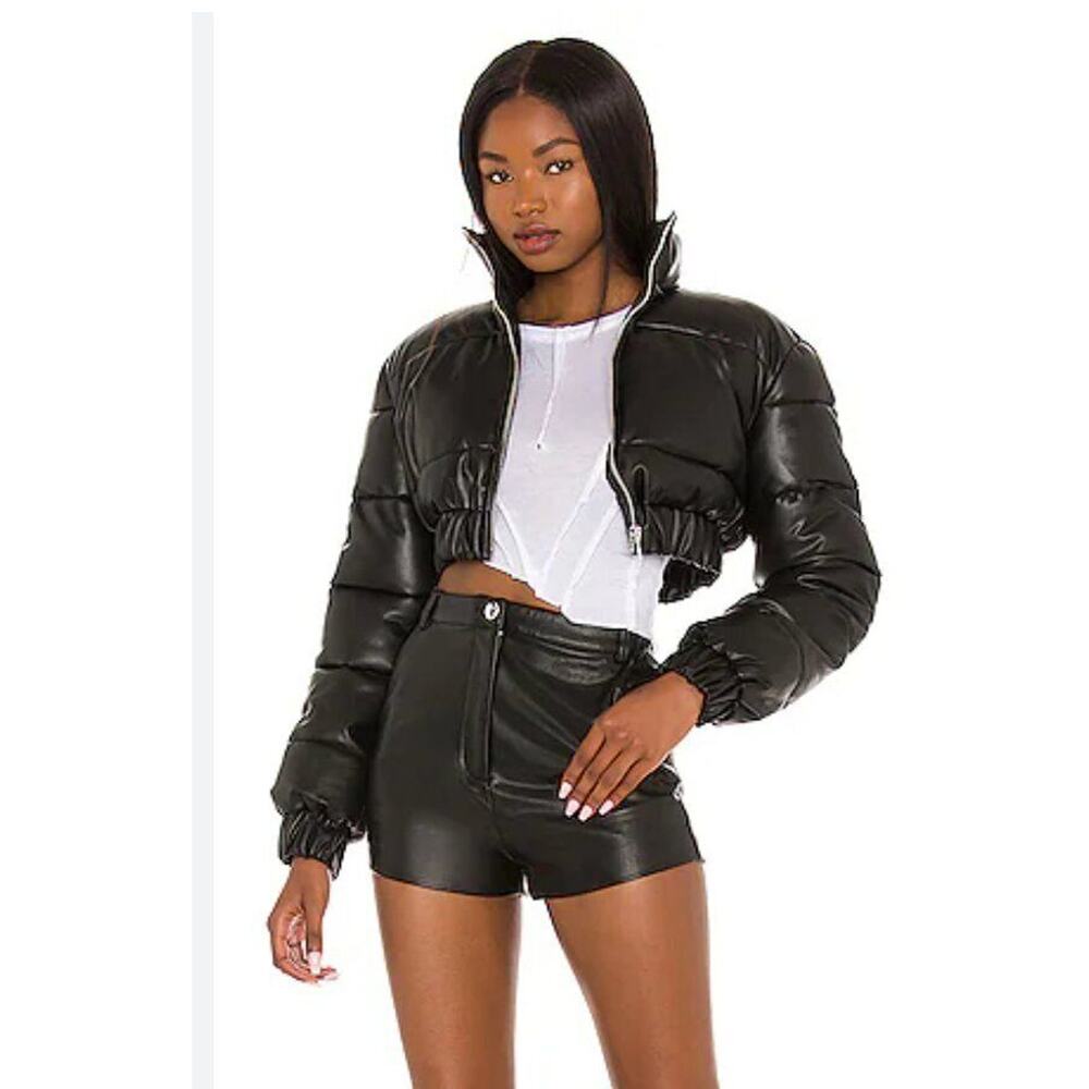 H:OURS Sz L Large Blaine Black Faux Vegan Leather Puffer Jacket Coat Crop